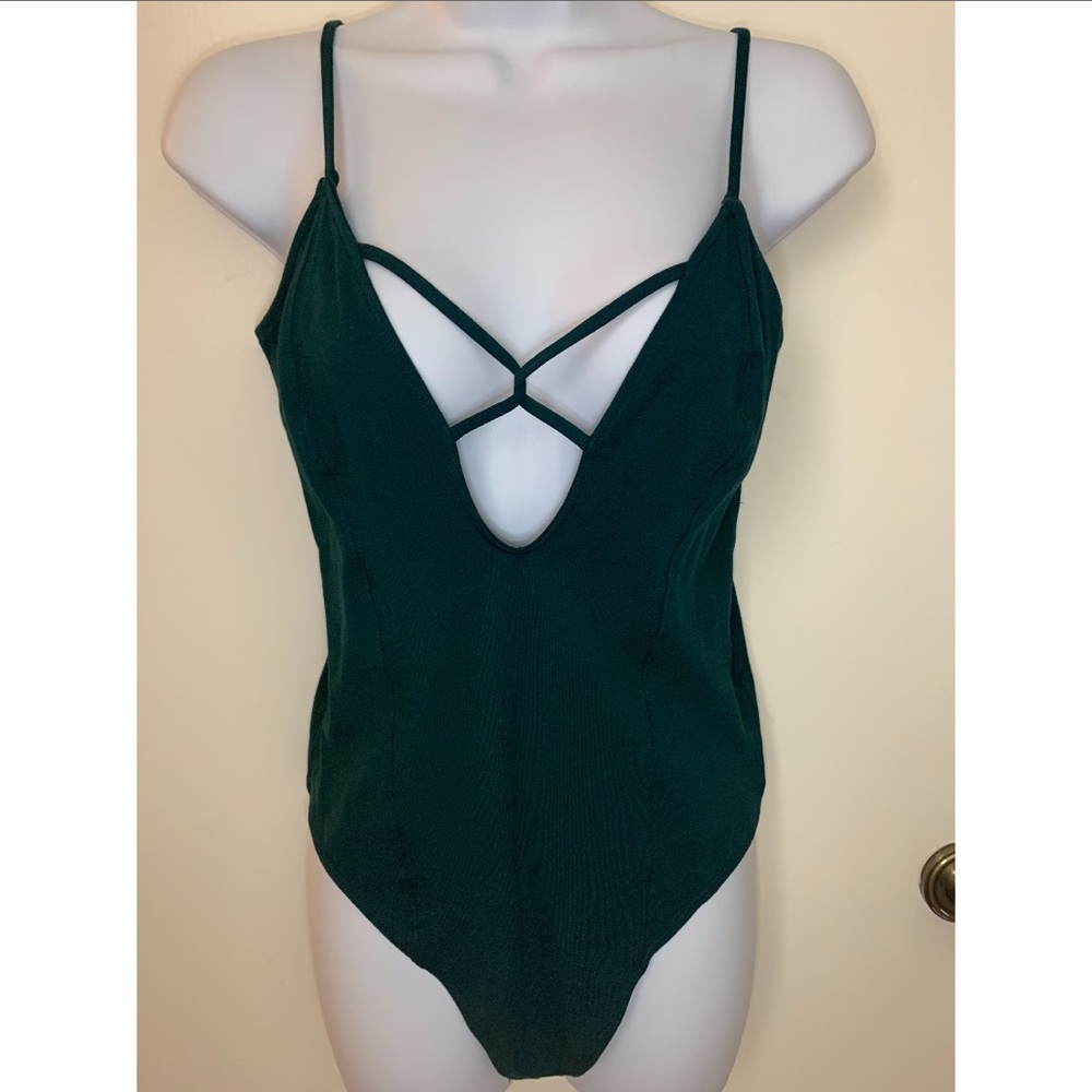 Express forest green double lace up thong bodysuit (large)